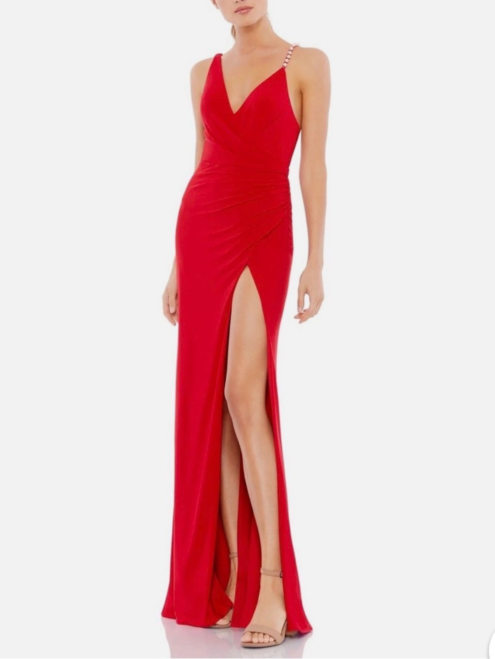 Mac Duggal Red V-Neck Maxi Gown with High Thigh Slit